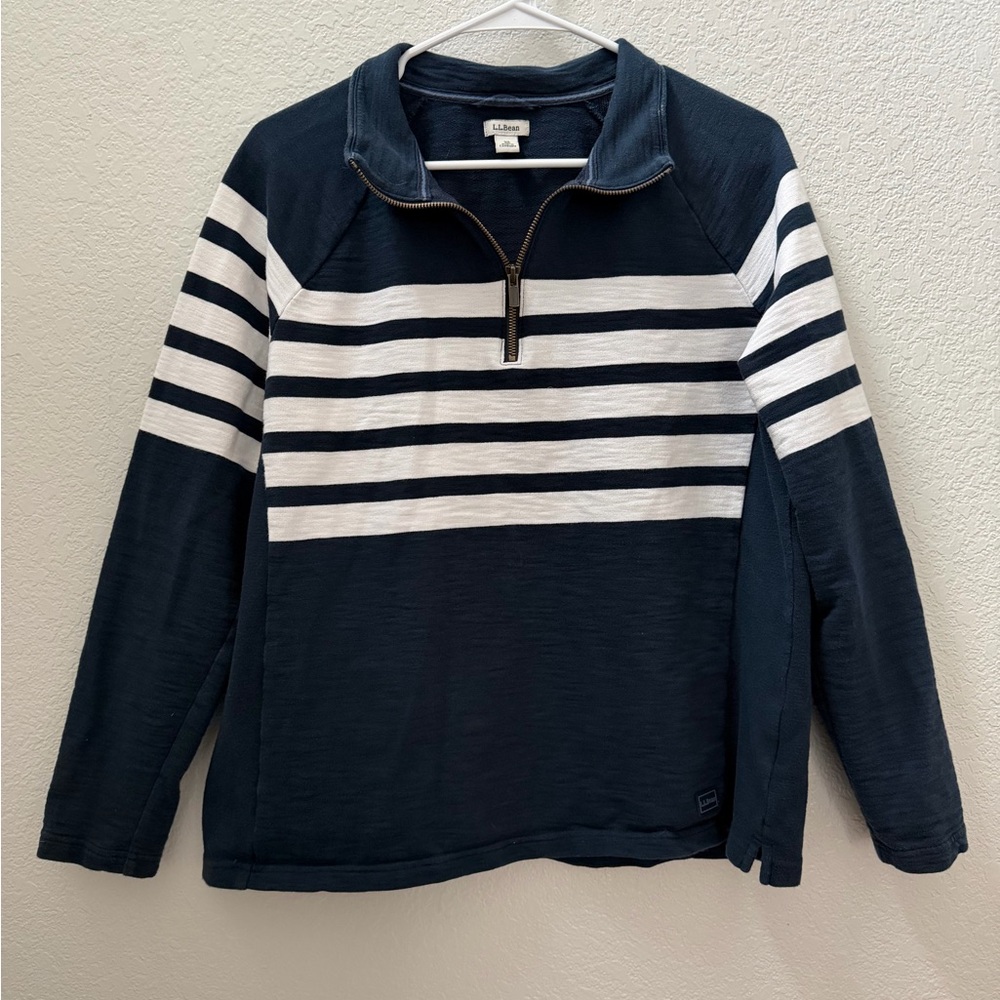 L.L. Bean Women's Peaks Island Quarter-Zip Pullover, Navy and White Stripe - Picture 2 of 11